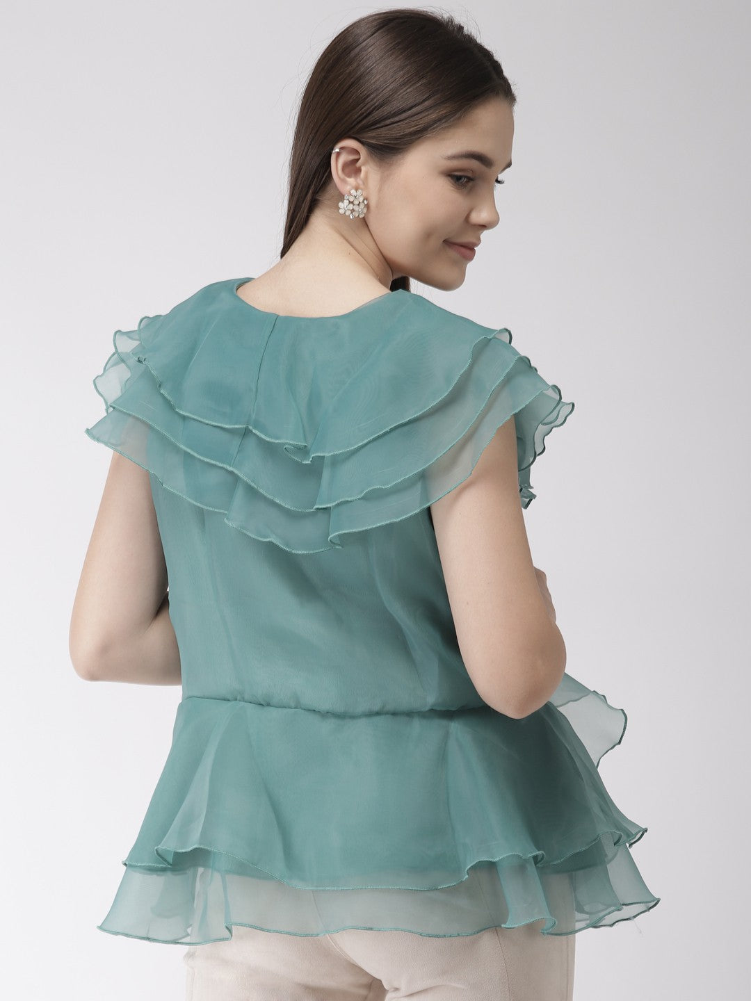 plusS Women Sea Green Solid Ruffled A-Line Top