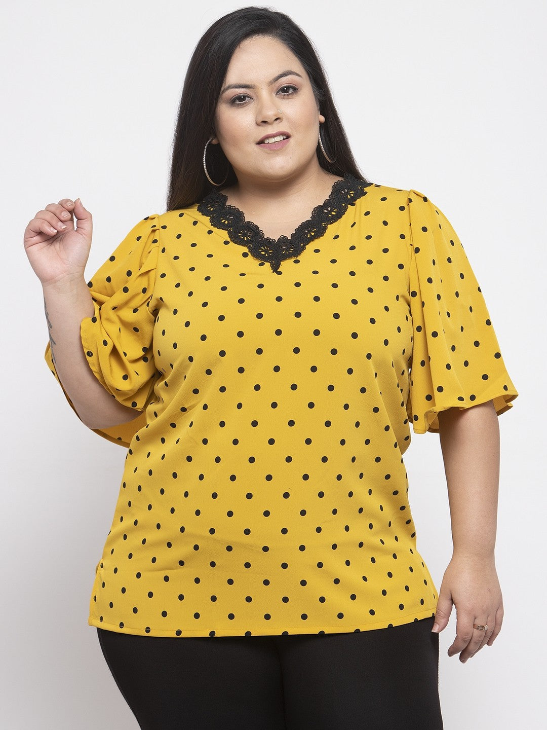 plusS Women Yellow Polka Dot Printed Top