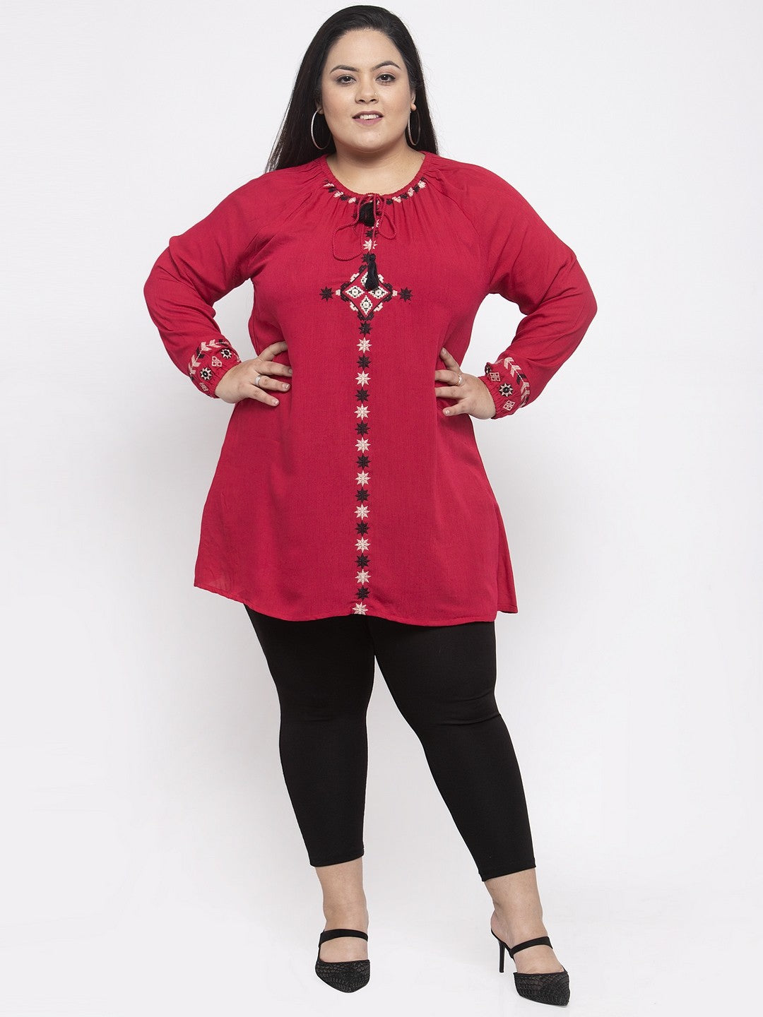 plusS Women Red  Black Embroidered Top