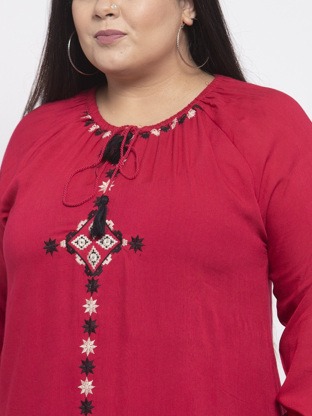 plusS Women Red  Black Embroidered Top