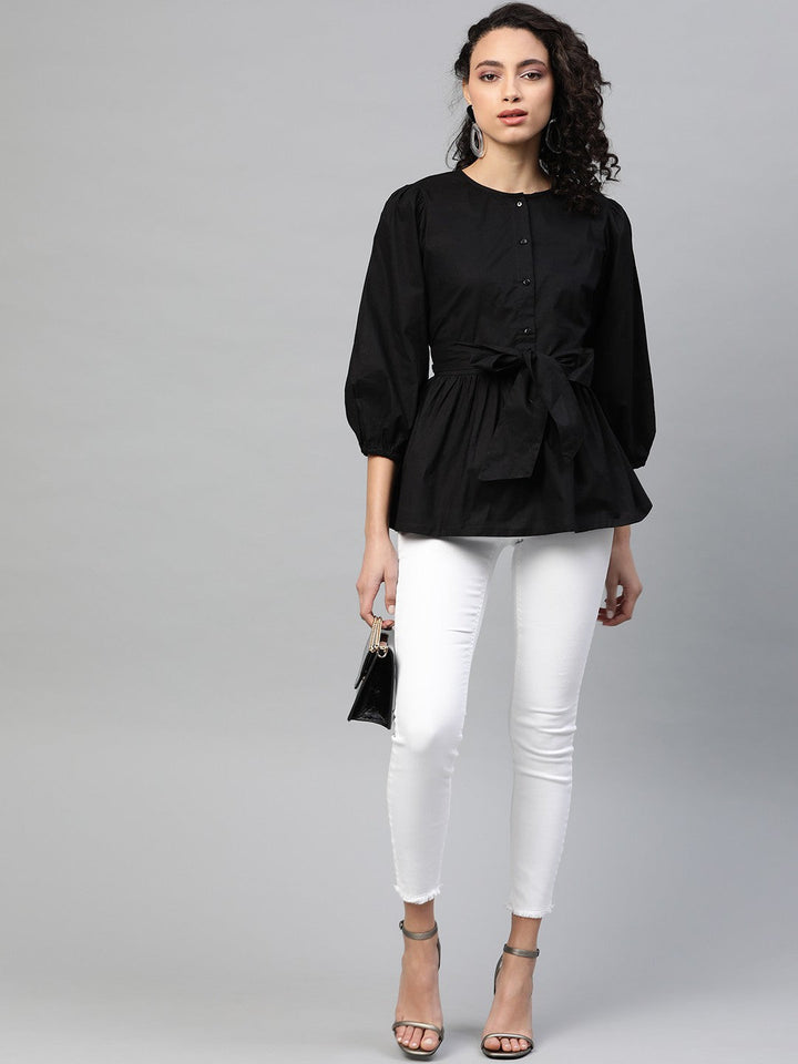 plusS Black Pure Cotton Cinched Waist Top