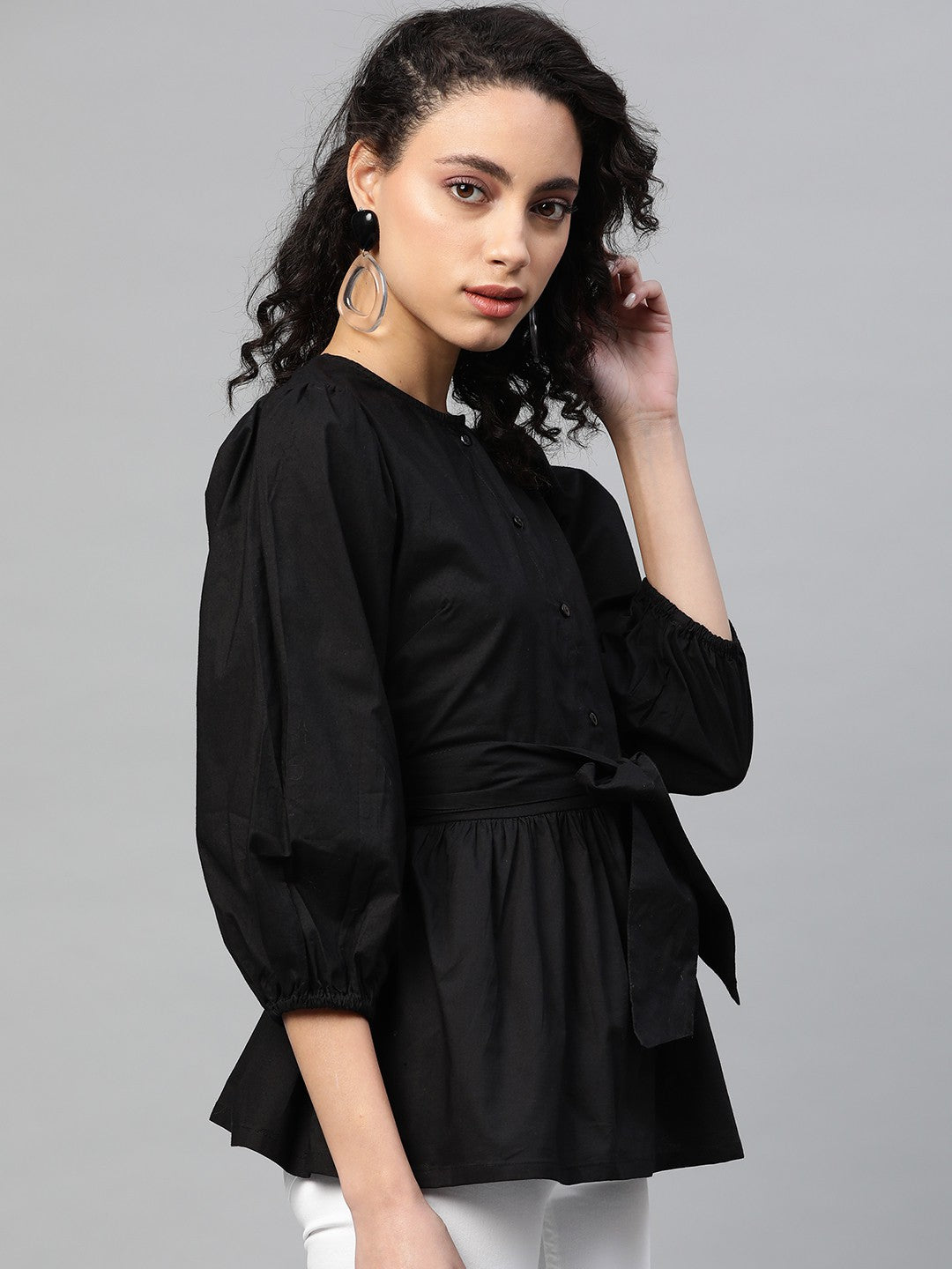 plusS Black Pure Cotton Cinched Waist Top