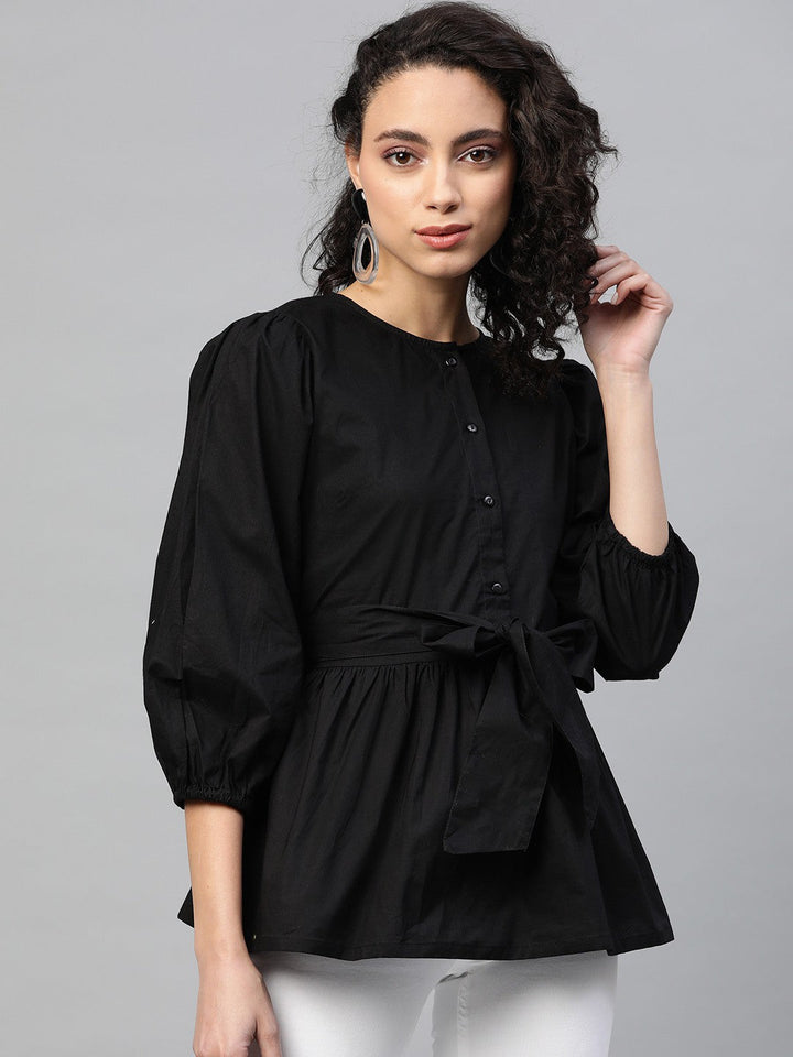 plusS Black Pure Cotton Cinched Waist Top