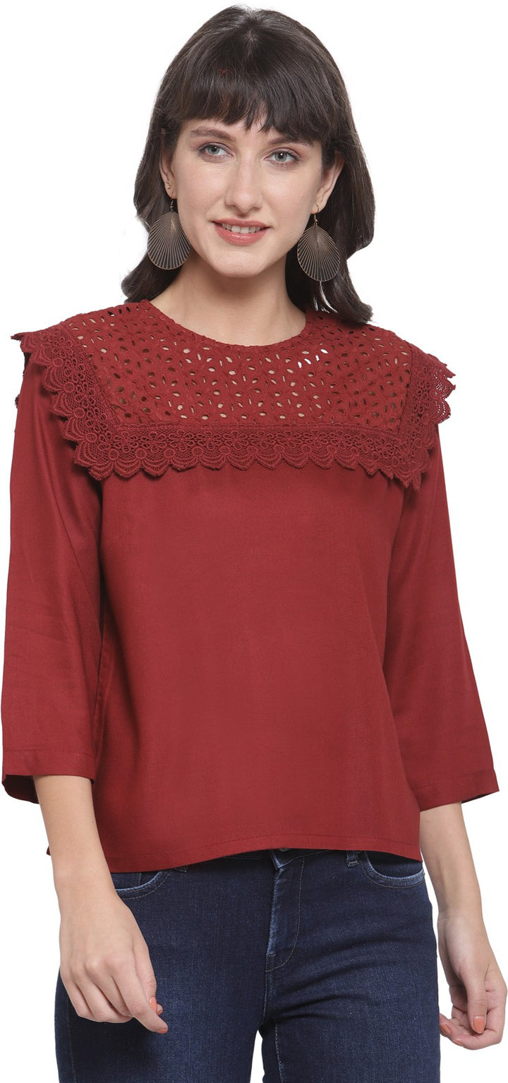 plusS Maroon Pure Cotton Schiffli Laced Regular Top