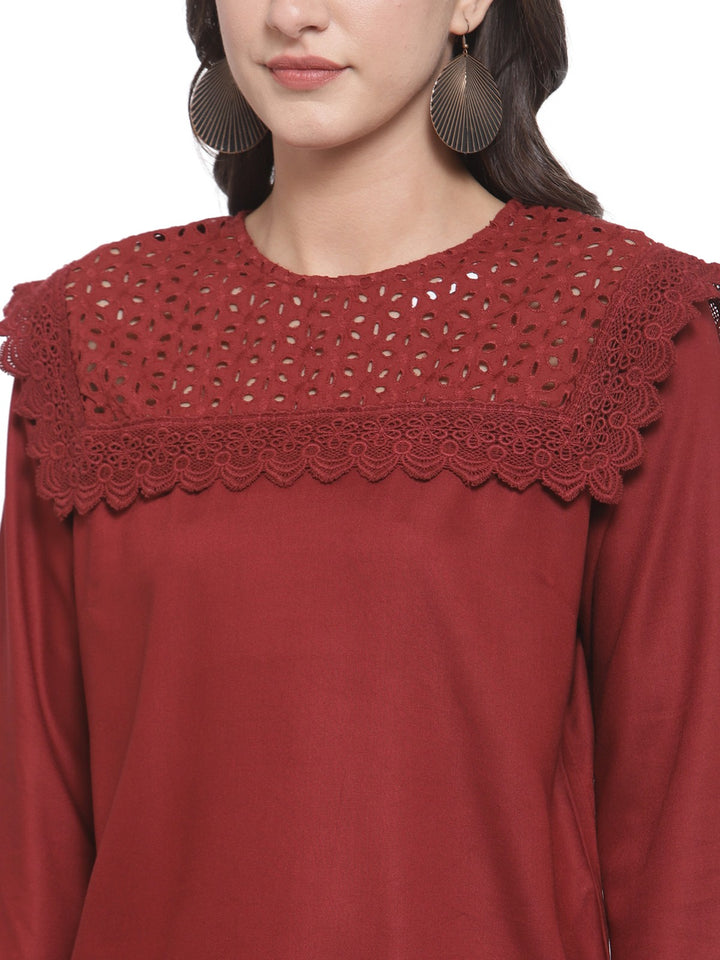 plusS Maroon Pure Cotton Schiffli Laced Regular Top