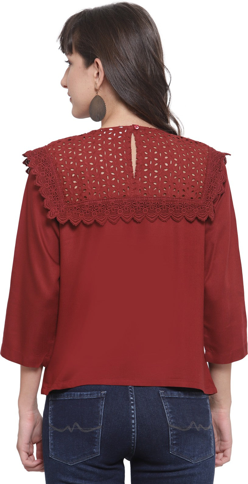 plusS Maroon Pure Cotton Schiffli Laced Regular Top