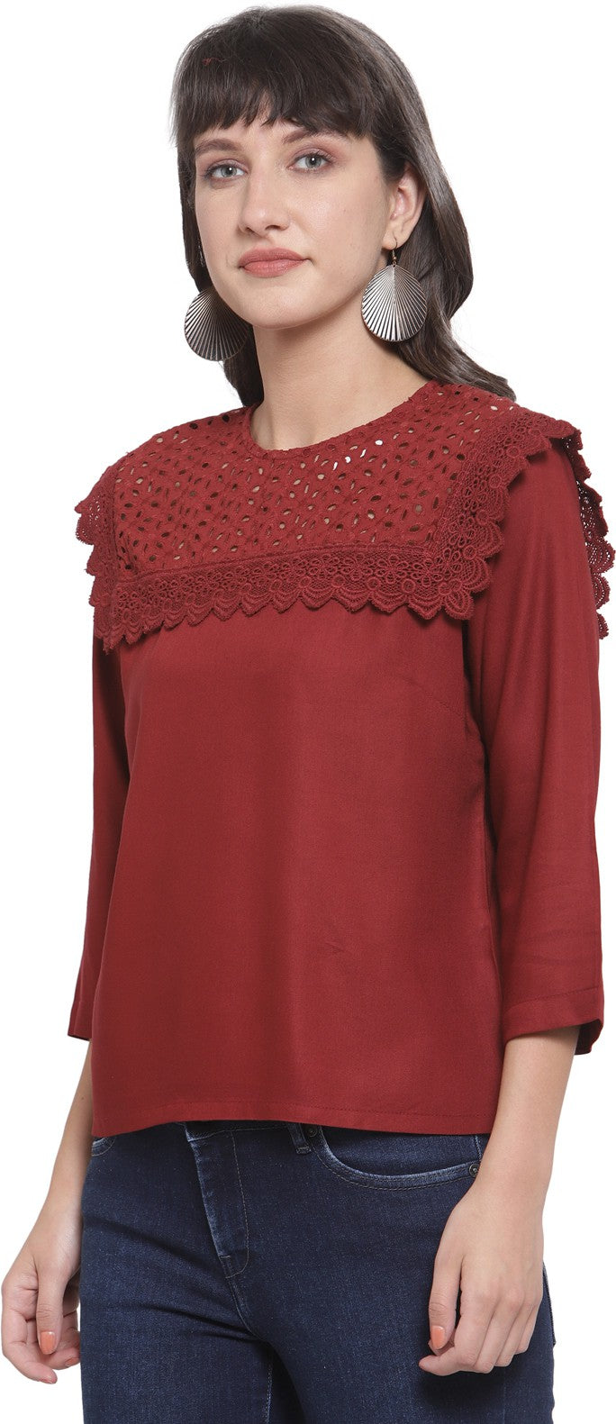 plusS Maroon Pure Cotton Schiffli Laced Regular Top