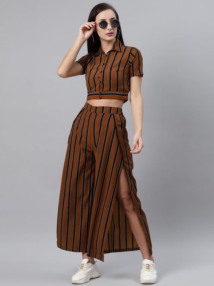 plusS Women Brown  Black Striped Crop Casual Shirt