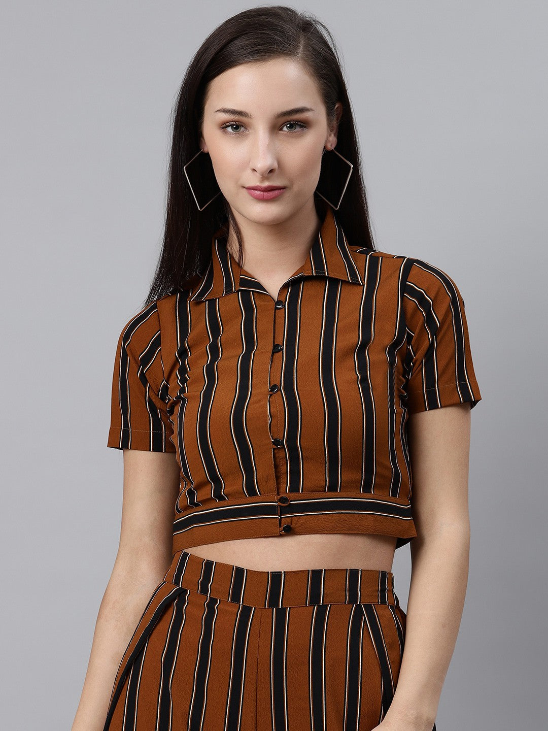 plusS Women Brown  Black Striped Crop Casual Shirt