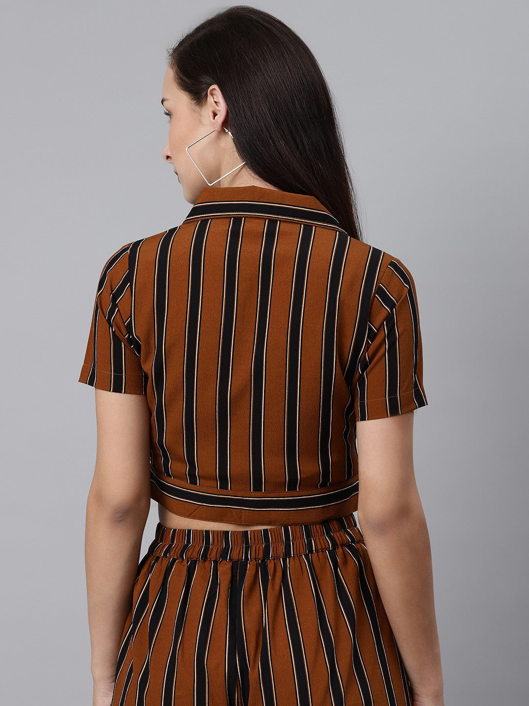 plusS Women Brown  Black Striped Crop Casual Shirt