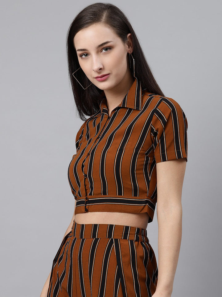 plusS Women Brown  Black Striped Crop Casual Shirt