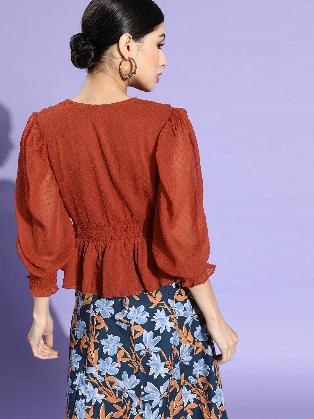 plusS Rust-Coloured Self-Design Smocked Cinched Waist Top