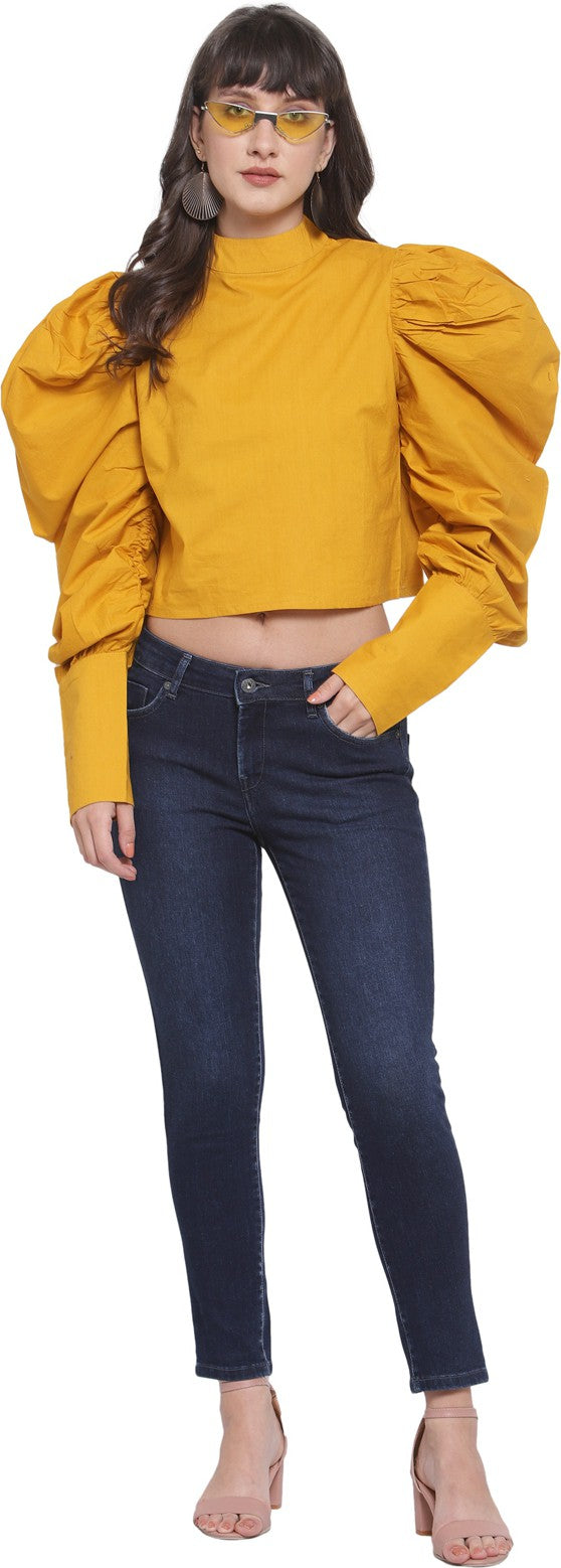 plusS Mustard Yellow Power Shoulders Crop Top