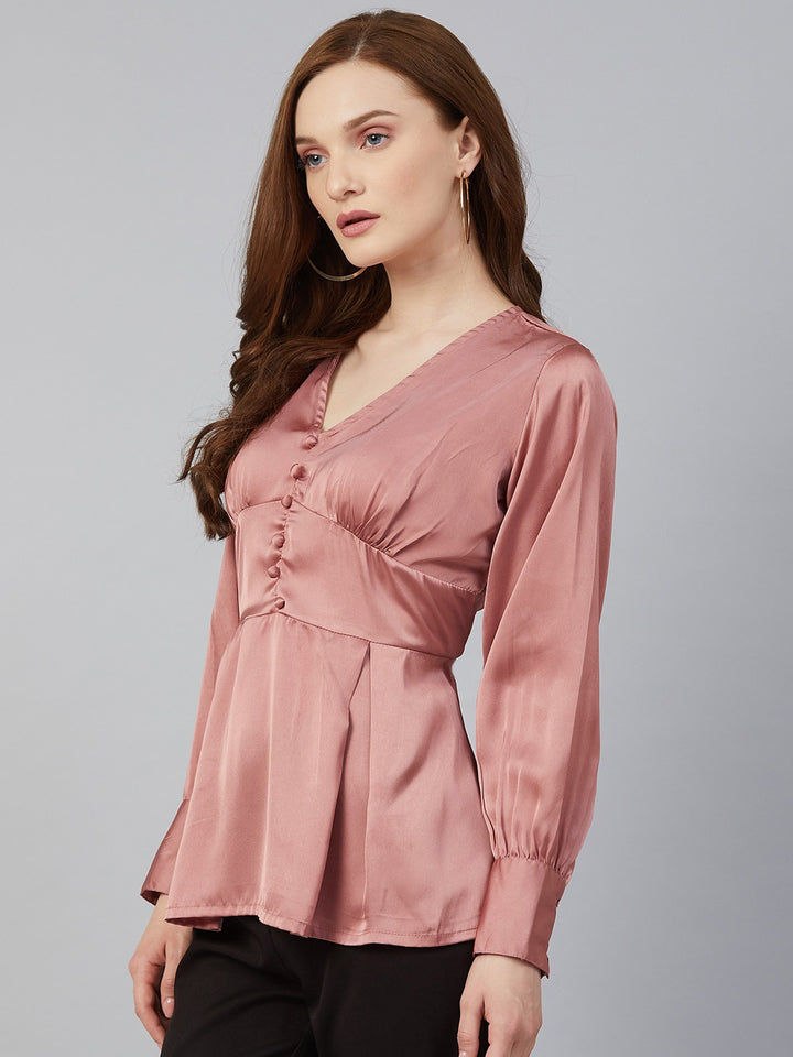 plusS Rose Gold-Coloured Solid Ruched A-Line Top