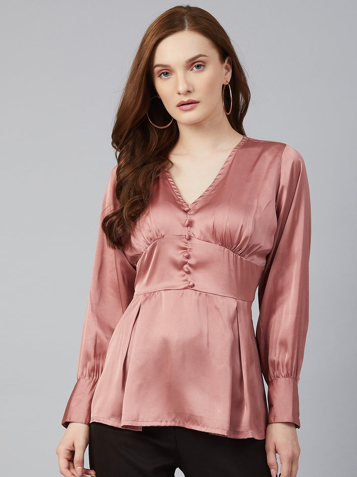 plusS Rose Gold-Coloured Solid Ruched A-Line Top