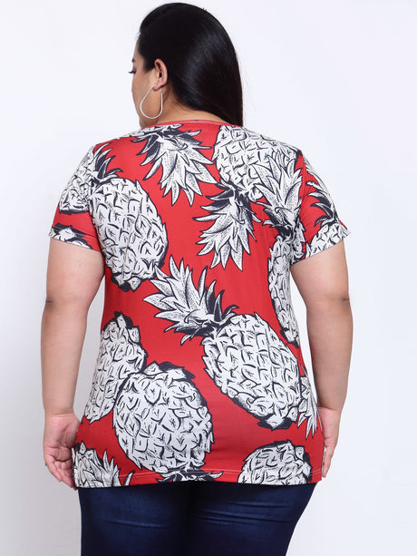 plusS Women Red Floral Printed Mandarin Collar Tropical T-shirt