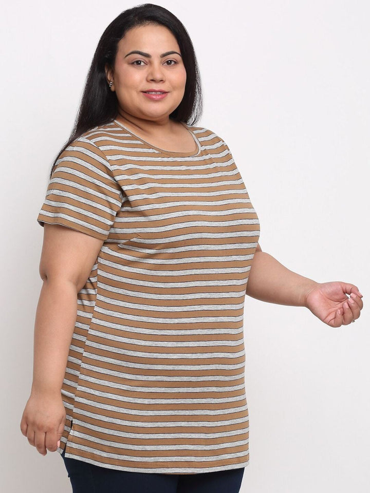 plusS Plus Size Women Brown  Grey Striped T-shirt