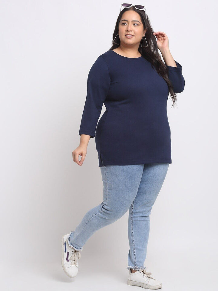 plusS  Plus Size Navy Blue Full Sleeve Longline Cotton T-shirt