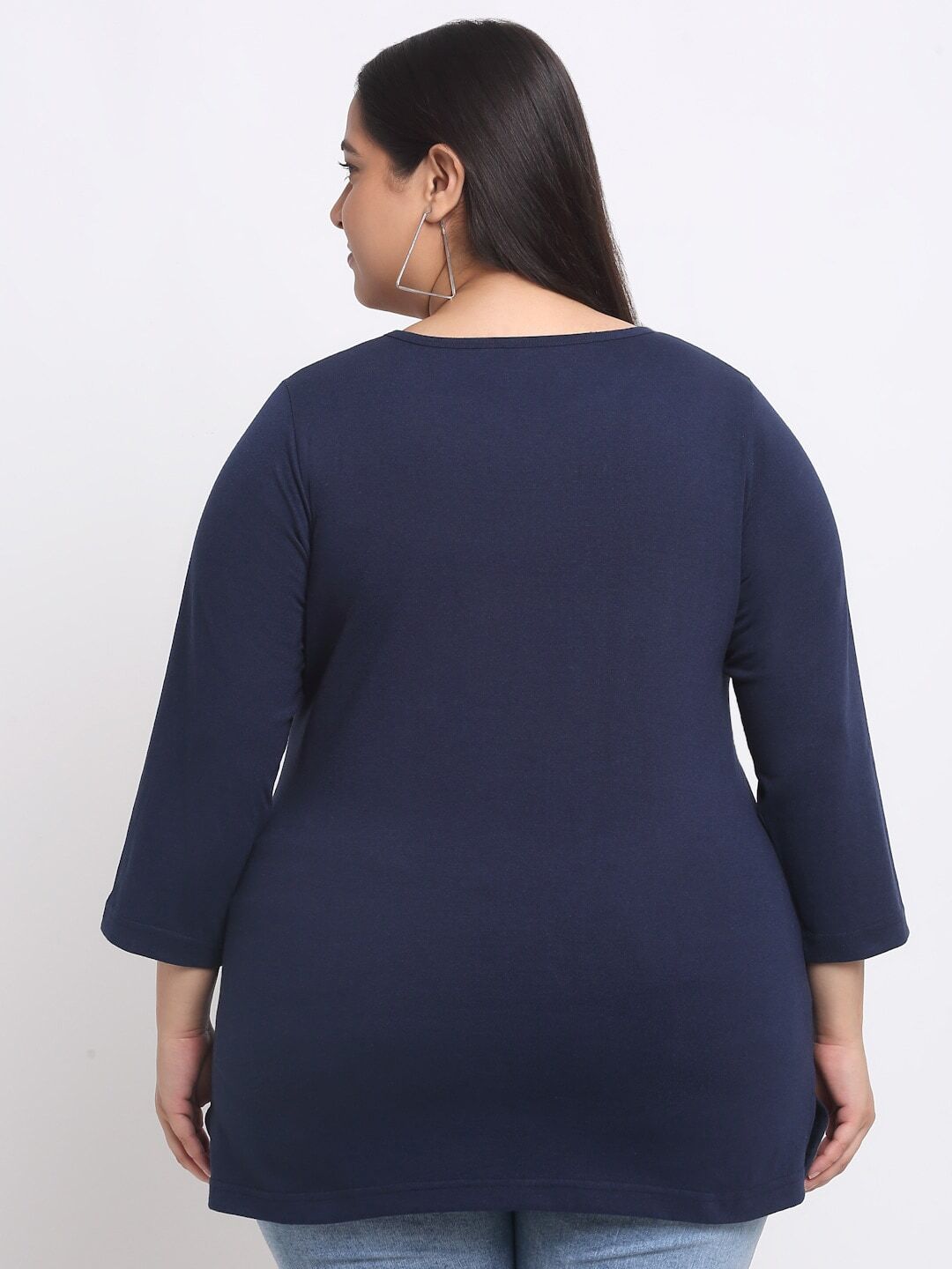 plusS  Plus Size Navy Blue Full Sleeve Longline Cotton T-shirt