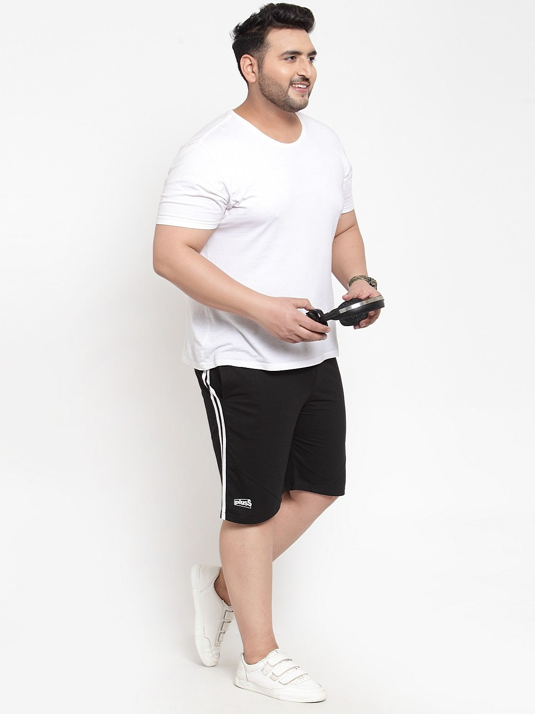 plusS Men Black Solid Regular Fit Sports Shorts