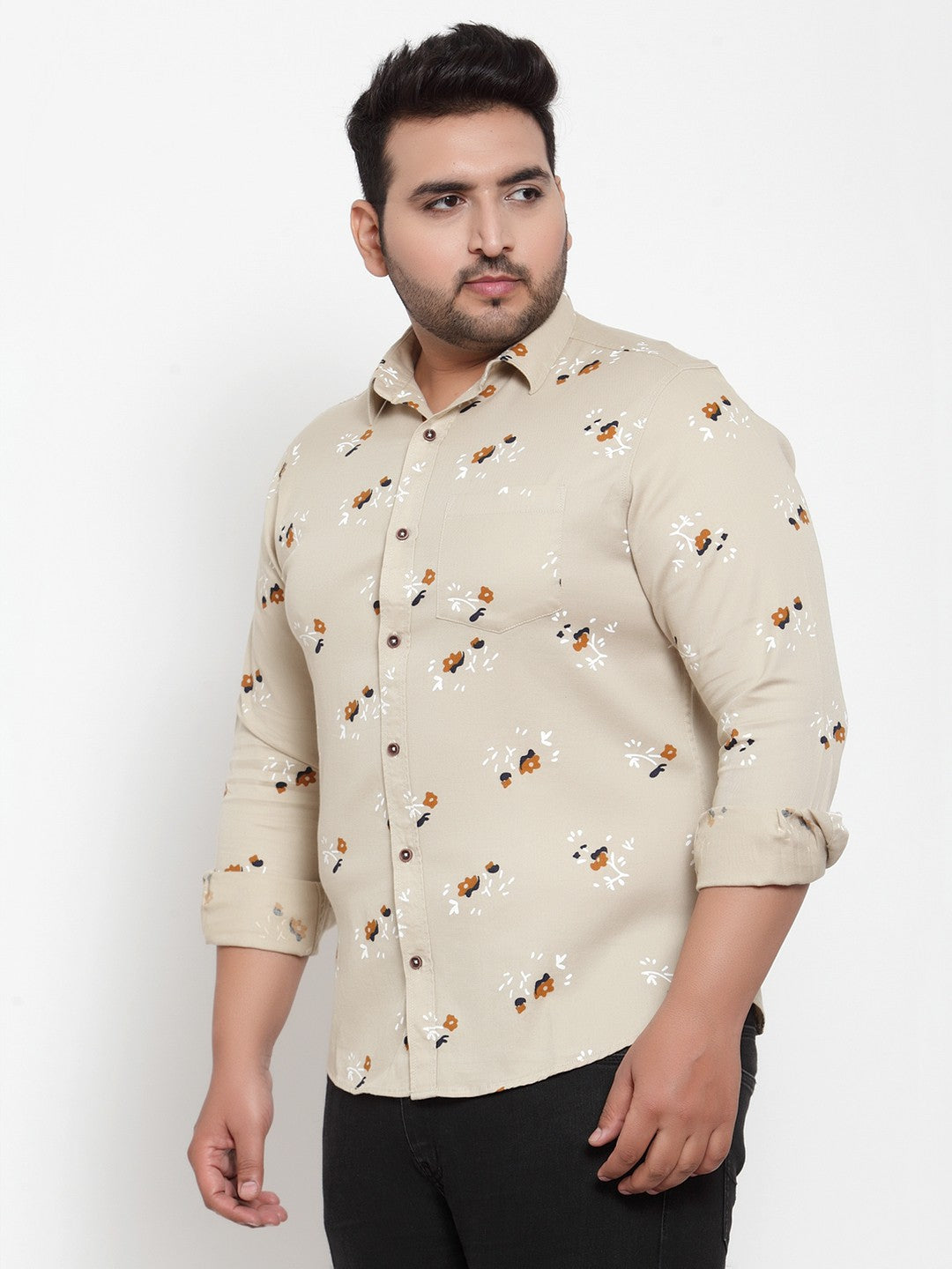 plusS Men Beige  Orange Regular Fit Printed Casual Shirt