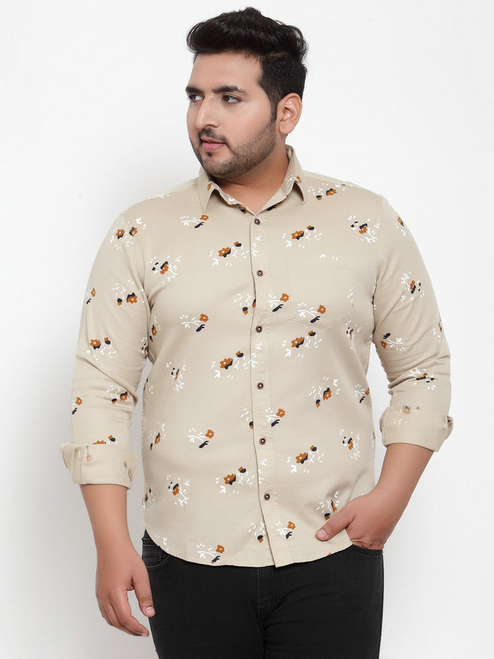 plusS Men Beige  Orange Regular Fit Printed Casual Shirt