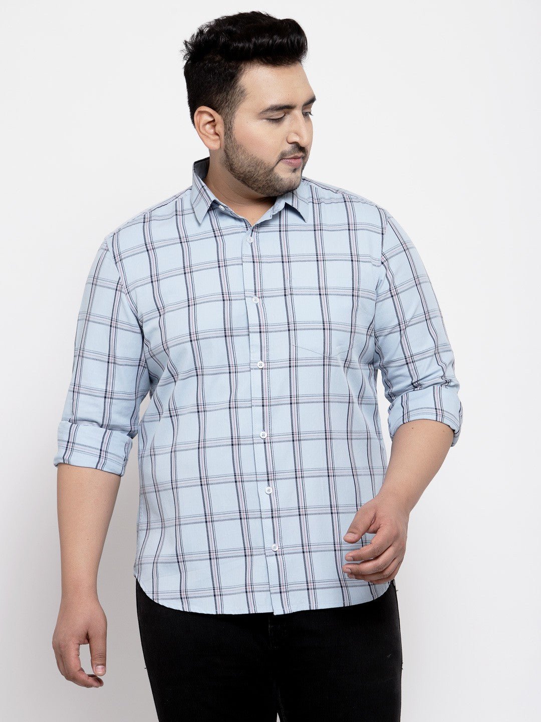 plusS Men Plus Size Blue  Charcoal Grey Regular Fit Checked Casual Shirt