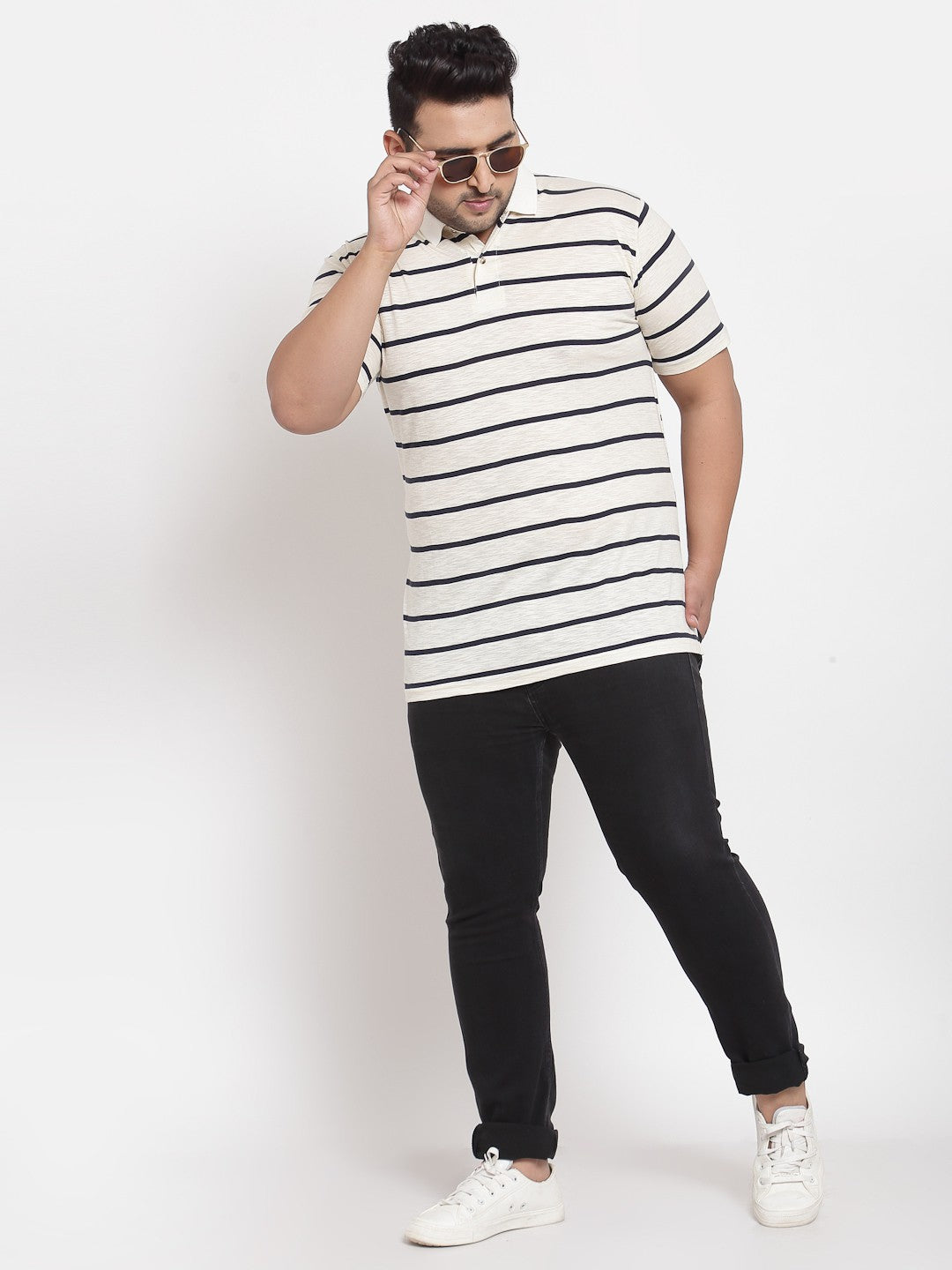 plusS Plus Size Men Off White  Black Striped Pure Cotton T-shirt