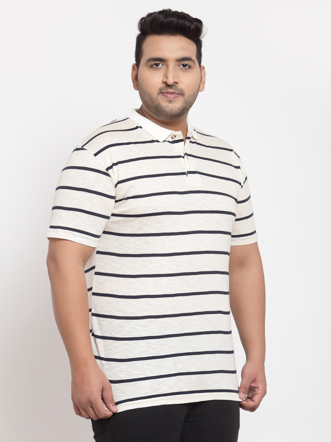 plusS Plus Size Men Off White  Black Striped Pure Cotton T-shirt