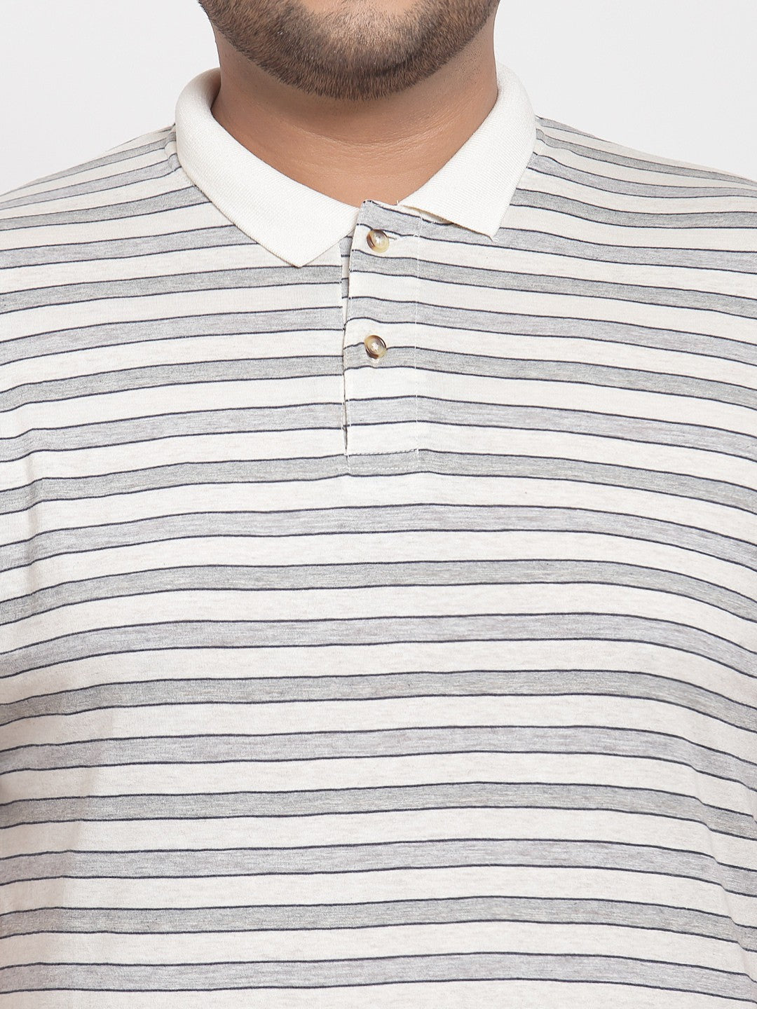 plusS Men White Striped Polo Collar Plus Size T-shirt