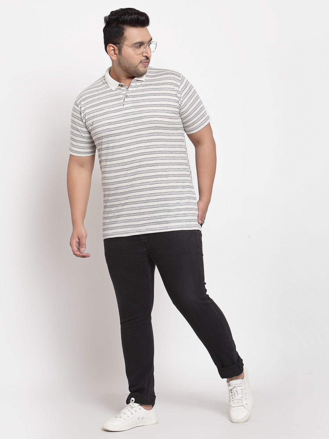 plusS Men White Striped Polo Collar Plus Size T-shirt