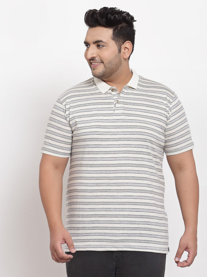 plusS Men White Striped Polo Collar Plus Size T-shirt