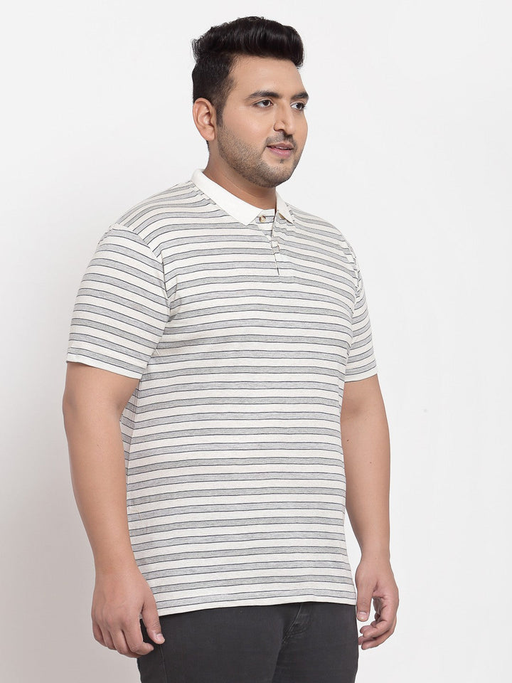 plusS Men White Striped Polo Collar Plus Size T-shirt