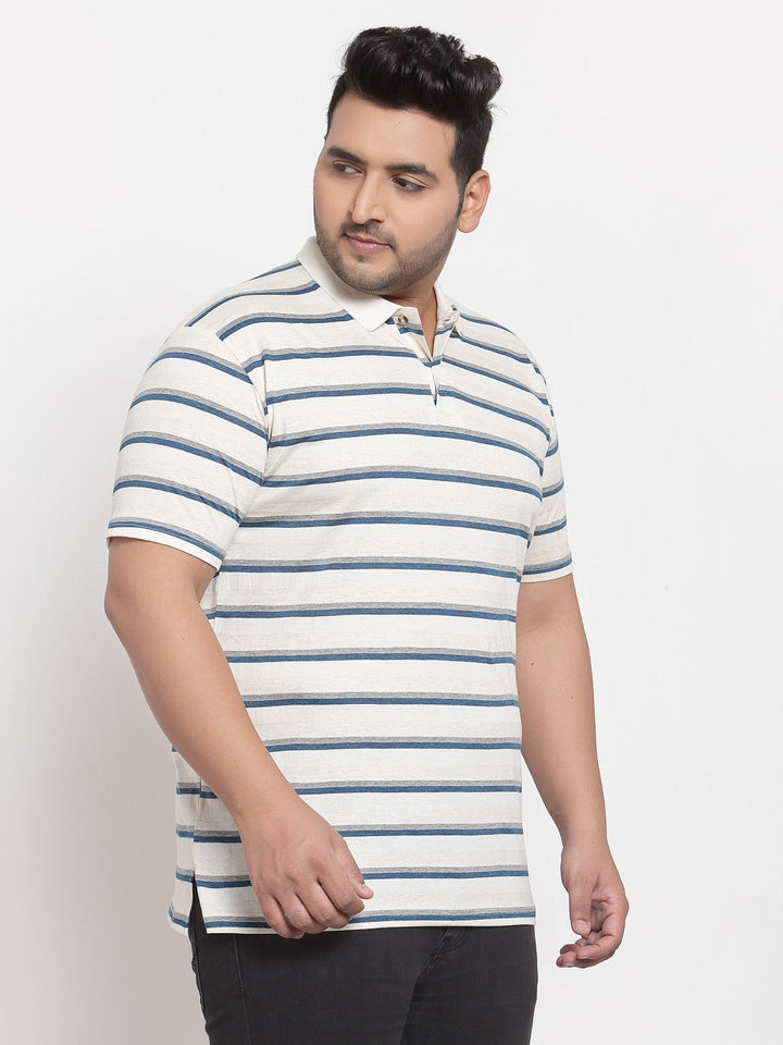 plusS Men Plus Size White  Blue Striped Polo Collar Pure Cotton T-shirt