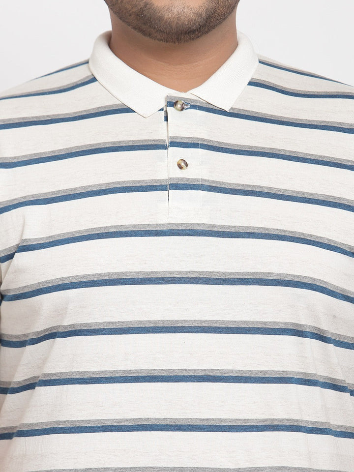 plusS Men Plus Size White  Blue Striped Polo Collar Pure Cotton T-shirt