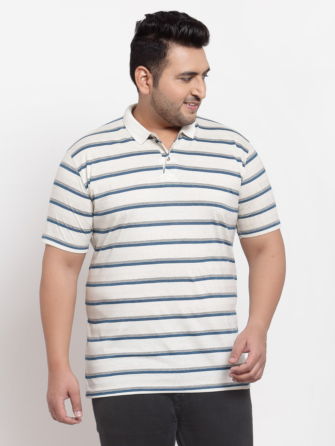 plusS Men Plus Size White  Blue Striped Polo Collar Pure Cotton T-shirt