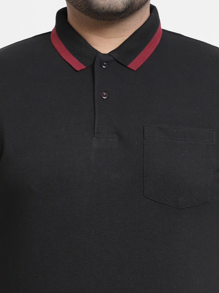 plusS Men Black Polo Collar Cotton T-shirt