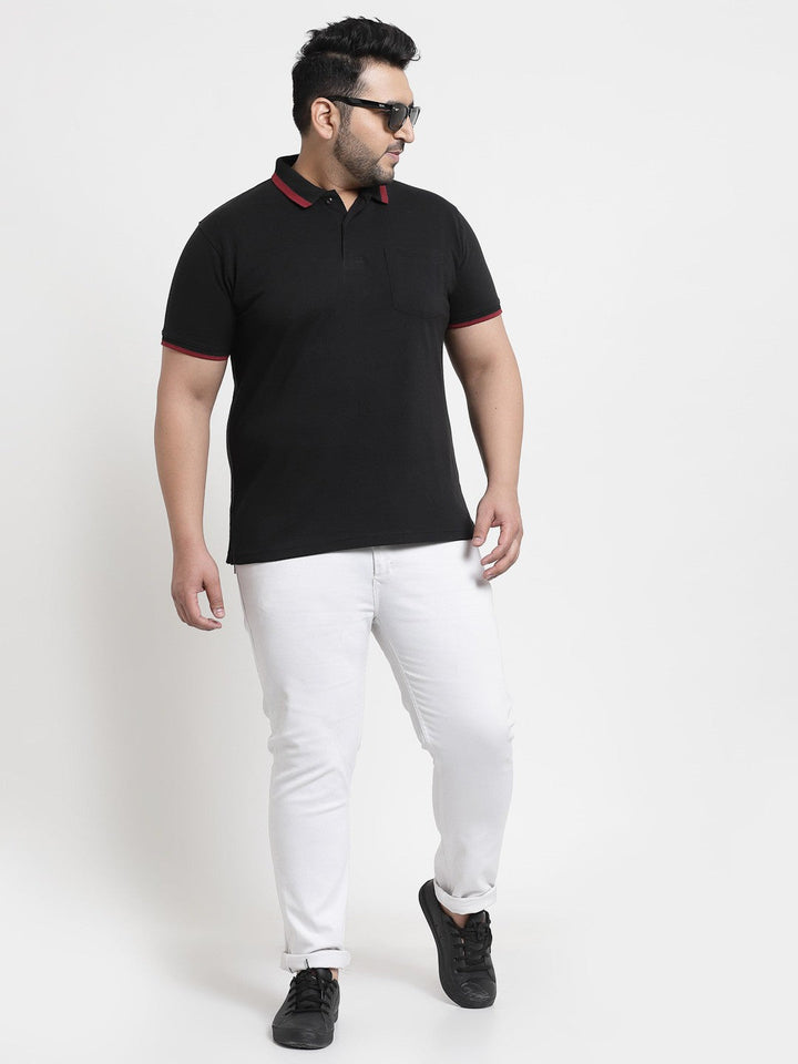 plusS Men Black Polo Collar Cotton T-shirt