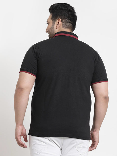 plusS Men Black Polo Collar Cotton T-shirt