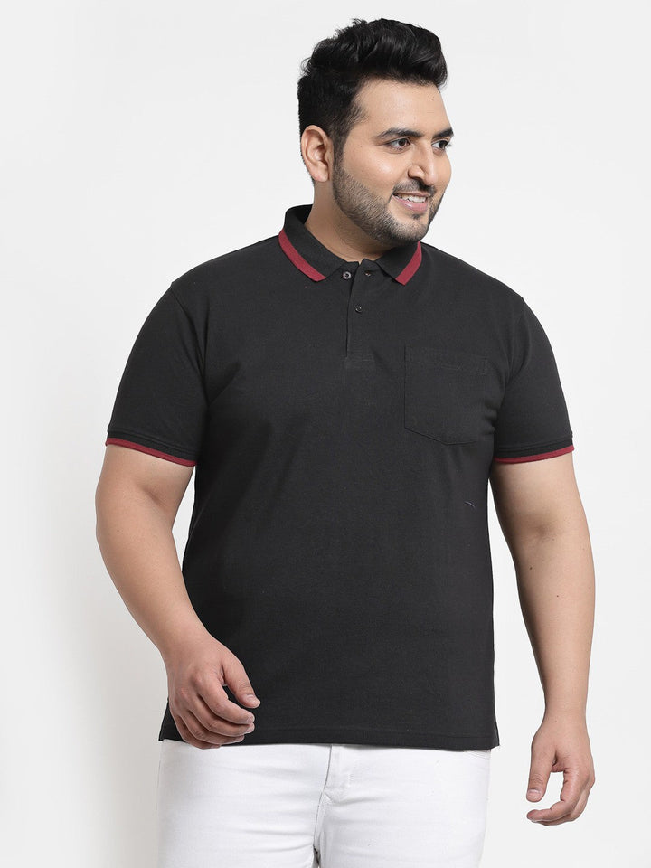 plusS Men Black Polo Collar Cotton T-shirt