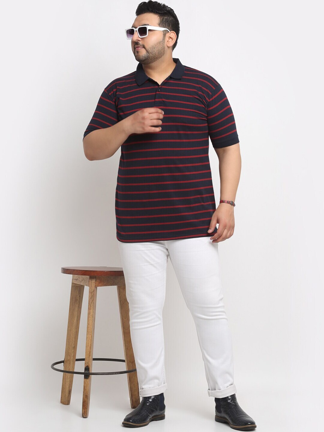 plusS Black And Red Striped Polo Collar Cotton T-Shirt