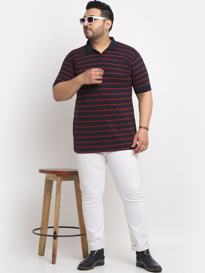 plusS Black And Red Striped Polo Collar Cotton T-Shirt