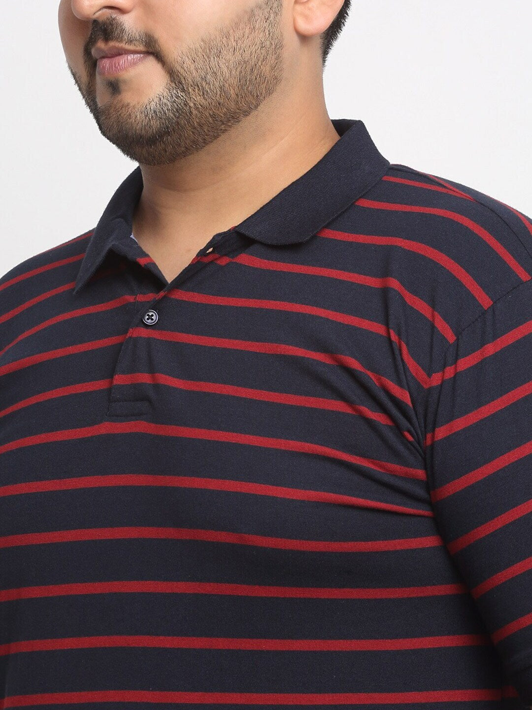 plusS Black And Red Striped Polo Collar Cotton T-Shirt