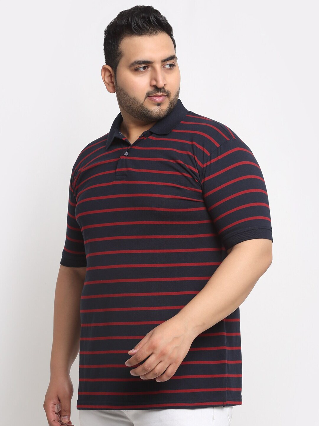 plusS Black And Red Striped Polo Collar Cotton T-Shirt