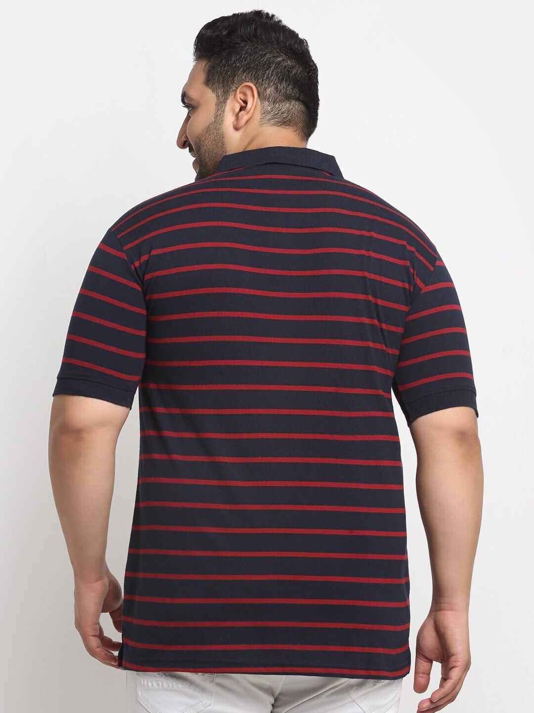 plusS Black And Red Striped Polo Collar Cotton T-Shirt