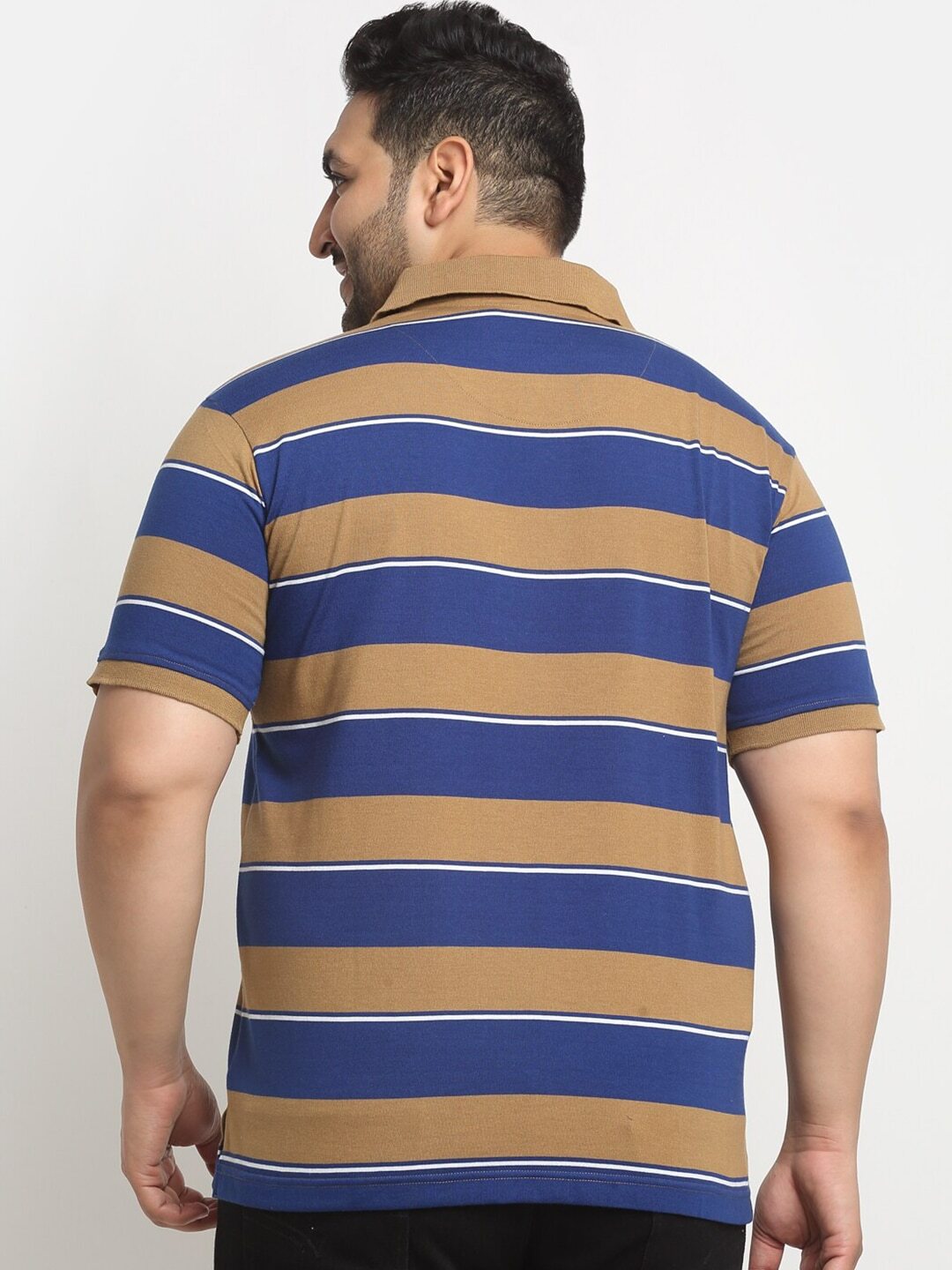 plusS Beige And Navy Blue Striped Polo Collar Cotton T-Shirt