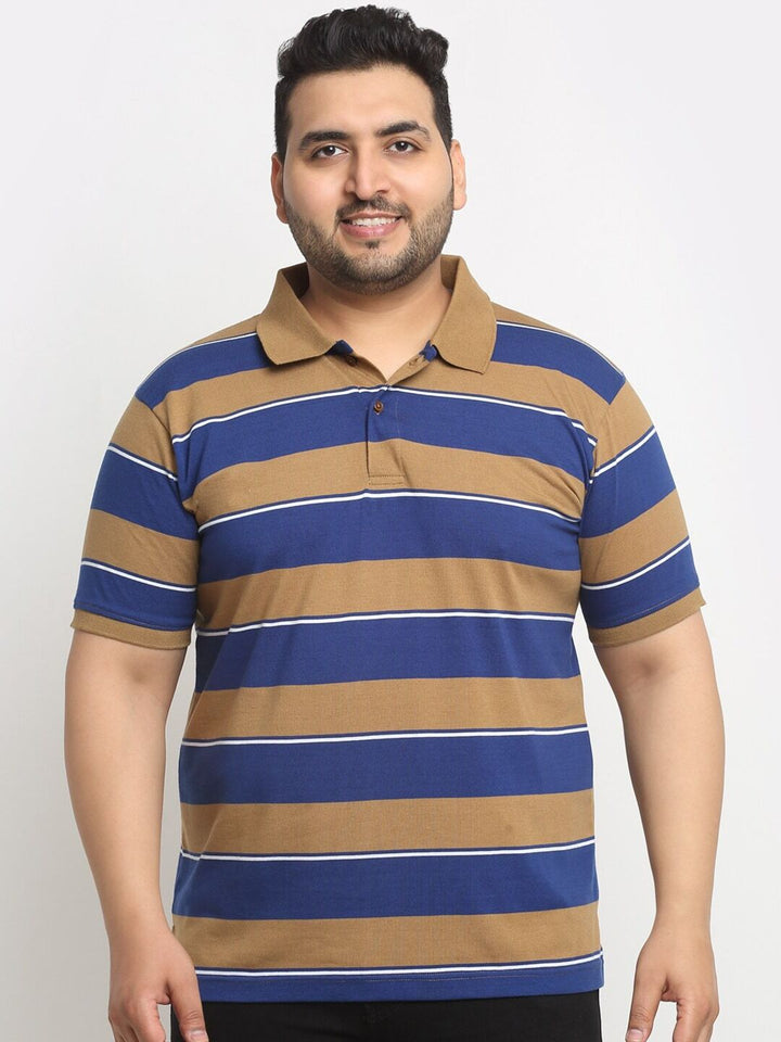 plusS Beige And Navy Blue Striped Polo Collar Cotton T-Shirt