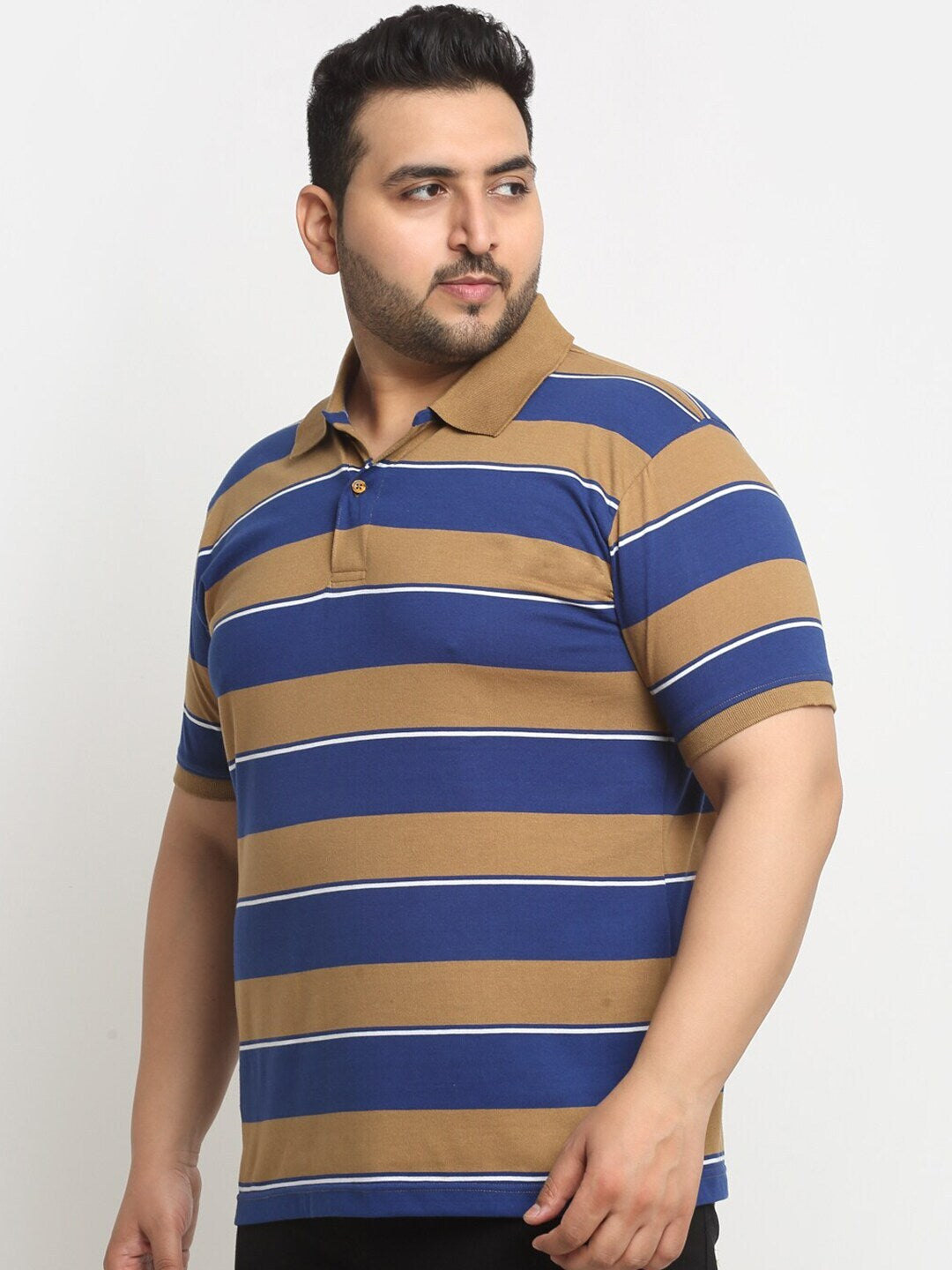 plusS Beige And Navy Blue Striped Polo Collar Cotton T-Shirt