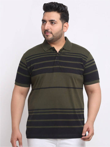 Plus Size  Olive Green Striped Polo Collar Cotton T-shirt