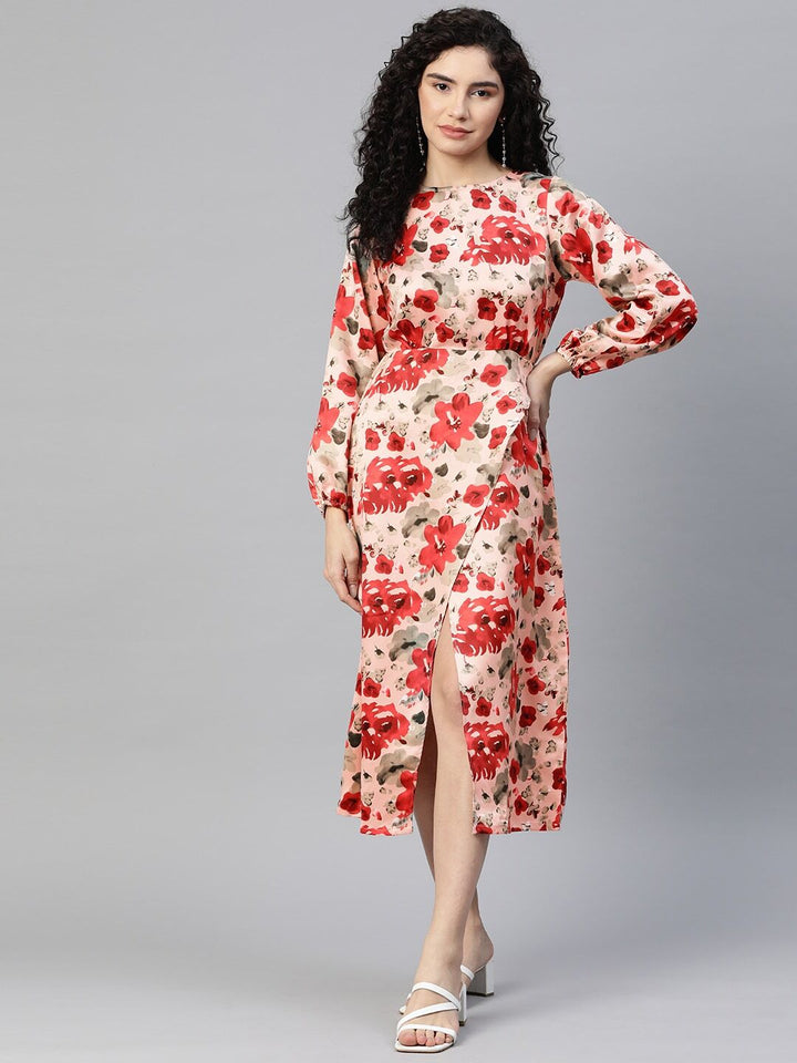 plusS Floral Print Puff Sleeve A-Line Midi Dress